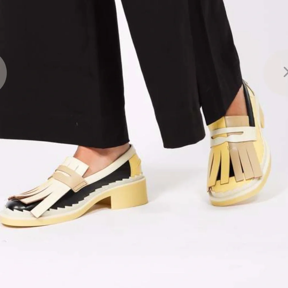Camper Two-Tone Yellow, Black & Cream Kiltie Loafers - Picture 2 of 15